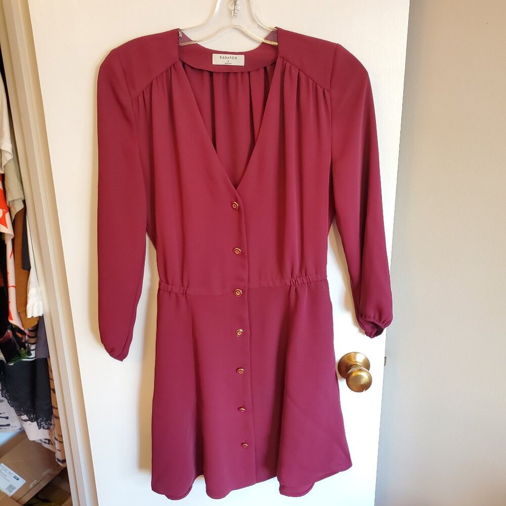 Babaton Long Sleeve Button-Front Dress in Deep Wine